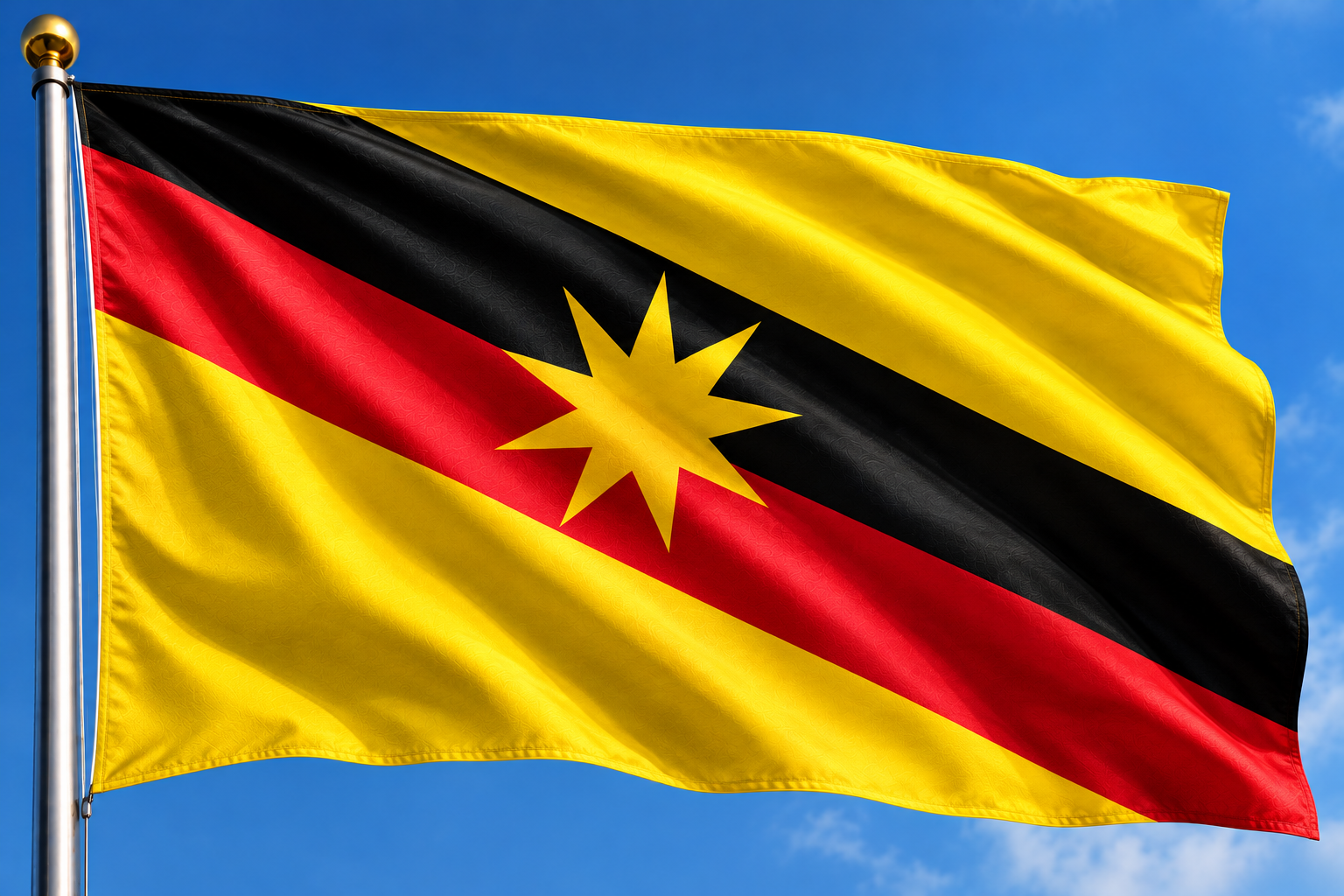 Waving Sarawak Flag Under Blue Skies